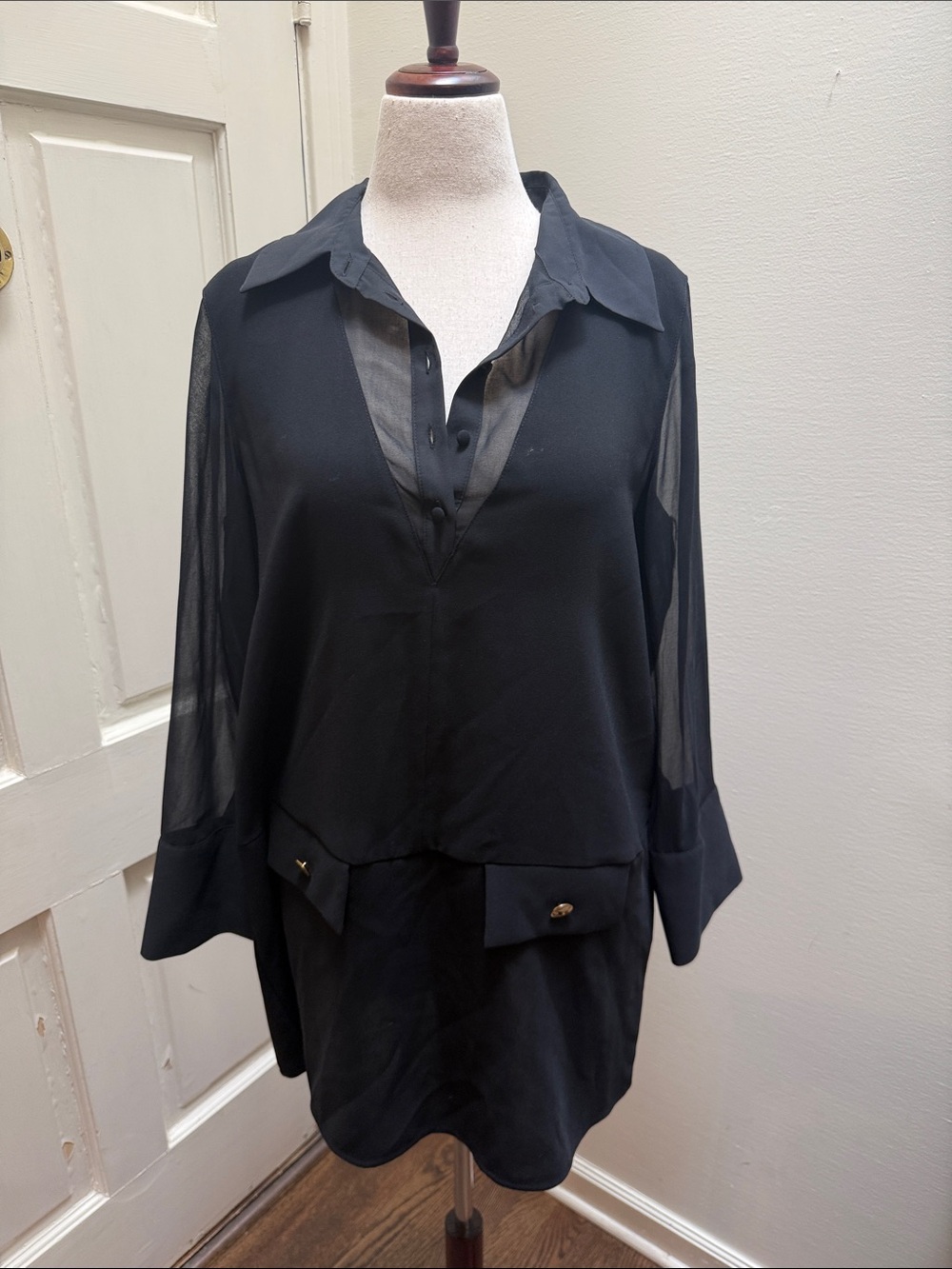Zara Black Sheer-Sleeve shift dress with gold buttons NWT